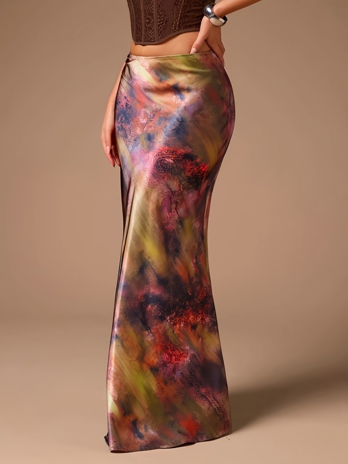 Glamine Women's Elegant Satin A-Line Midi Skirt - Versatile Floral Print Maxi Skirt with Zipper Closure, Machine Washable, Spring Summer Fall Office & Party Wear, Nontransparent Fabric