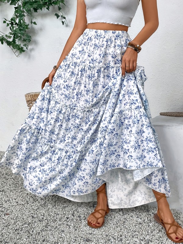 Women's Elegant Floral Print Multi-Tiered Layered Skirt - Loose Fit Long Flowy Maxi with Blue Flowers on White, Machine Washable for Spring Summer Fall Beach Vacation Casual Outfits, Beach Dress