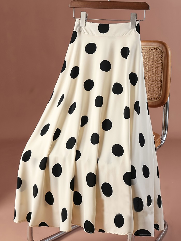 Women's Elegant Polka Dot Pleated Skirt - High Waist, A-Line Cut, Lightweight Polyester for Spring\u002FSummer, Retro Style, Black Circles on White Background, Semiformal Attire | Elegant Women's Wear | Polyester Fabric