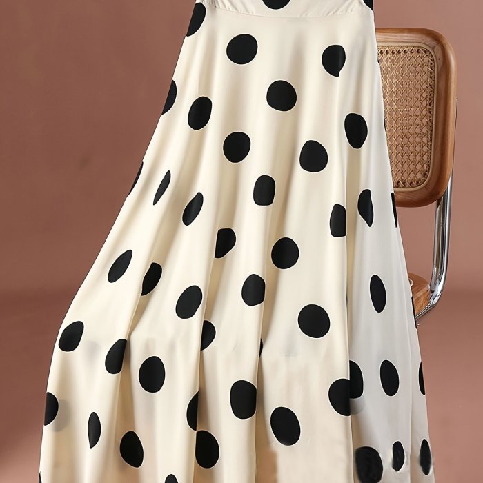 Women's Elegant Polka Dot Pleated Skirt - High Waist, A-Line Cut, Lightweight Polyester for Spring\u002FSummer, Retro Style, Black Circles on White Background, Semiformal Attire | Elegant Women's Wear | Polyester Fabric