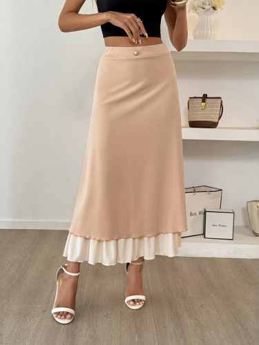 Women's Beige A-line skirt - Flattering office to party skirt, Machine Washable, Elegant layered design for Everyday & Formal Events, Vacation Wear, Button Embellishment, Nontransparent Fabric