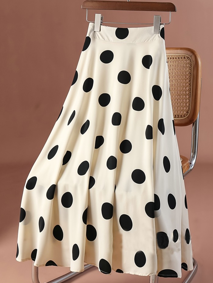 Women's Elegant Polka Dot Pleated Skirt - High Waist, A-Line Cut, Lightweight Polyester for Spring\u002FSummer, Retro Style, Black Circles on White Background, Semiformal Attire | Elegant Women's Wear | Polyester Fabric