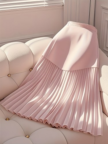 Elegant Light Pink Pleated Skirt with Golden Buttons - Stylish Summer Dress for Women, Casual to Formal Wear, Casual Formal Wear | Elegant Skirt | Detailed Button Closure, Pleated Skirt