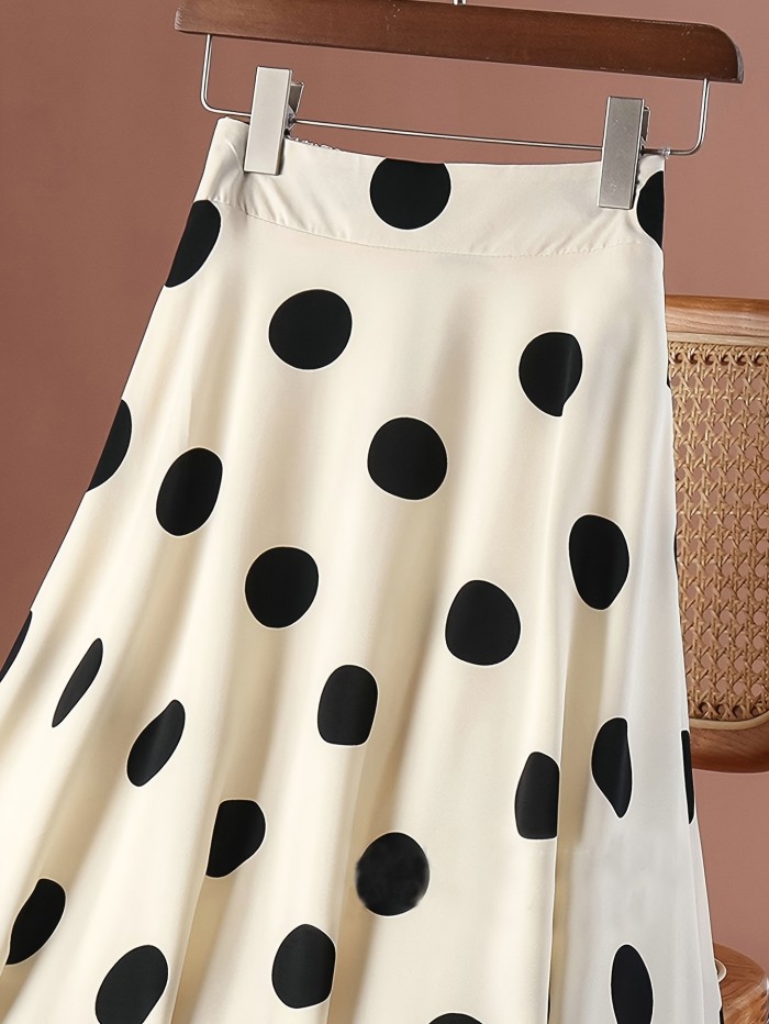 Women's Elegant Polka Dot Pleated Skirt - High Waist, A-Line Cut, Lightweight Polyester for Spring\u002FSummer, Retro Style, Black Circles on White Background, Semiformal Attire | Elegant Women's Wear | Polyester Fabric