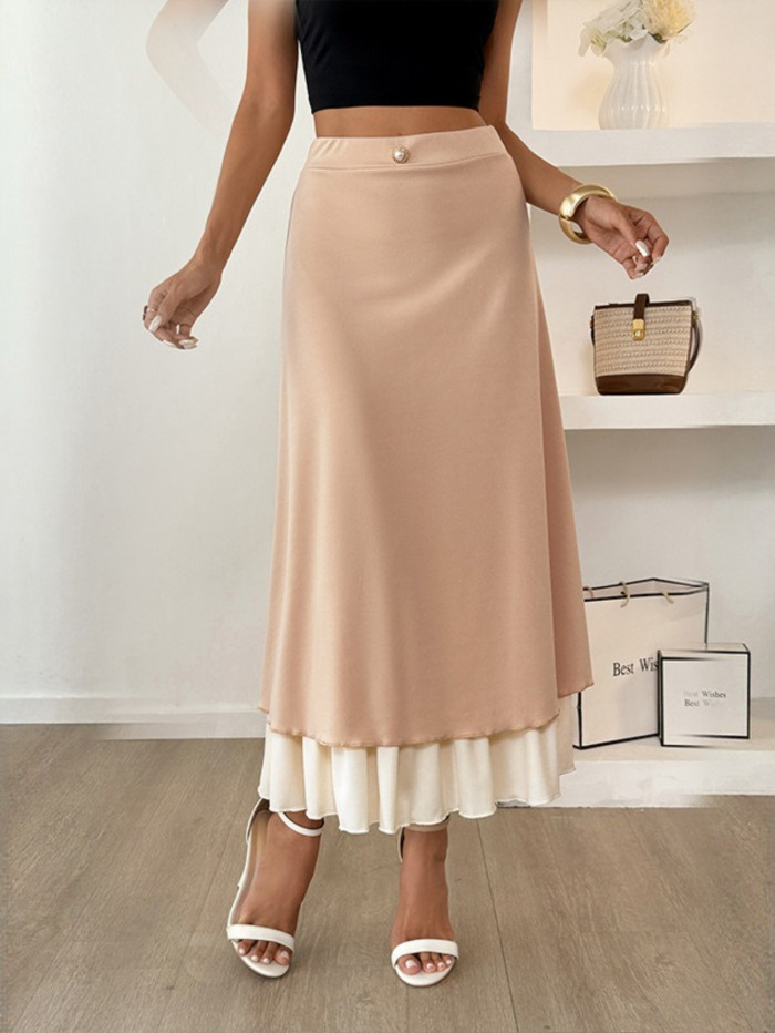 Women's Beige A-line skirt - Flattering office to party skirt, Machine Washable, Elegant layered design for Everyday & Formal Events, Vacation Wear, Button Embellishment, Nontransparent Fabric
