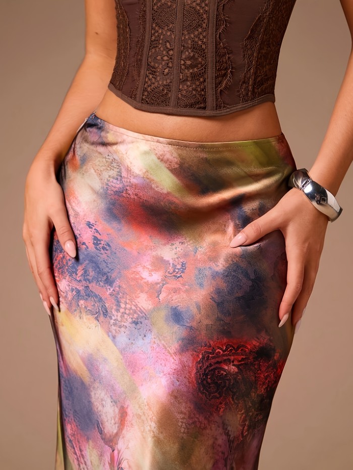 Glamine Women's Elegant Satin A-Line Midi Skirt - Versatile Floral Print Maxi Skirt with Zipper Closure, Machine Washable, Spring Summer Fall Office & Party Wear, Nontransparent Fabric