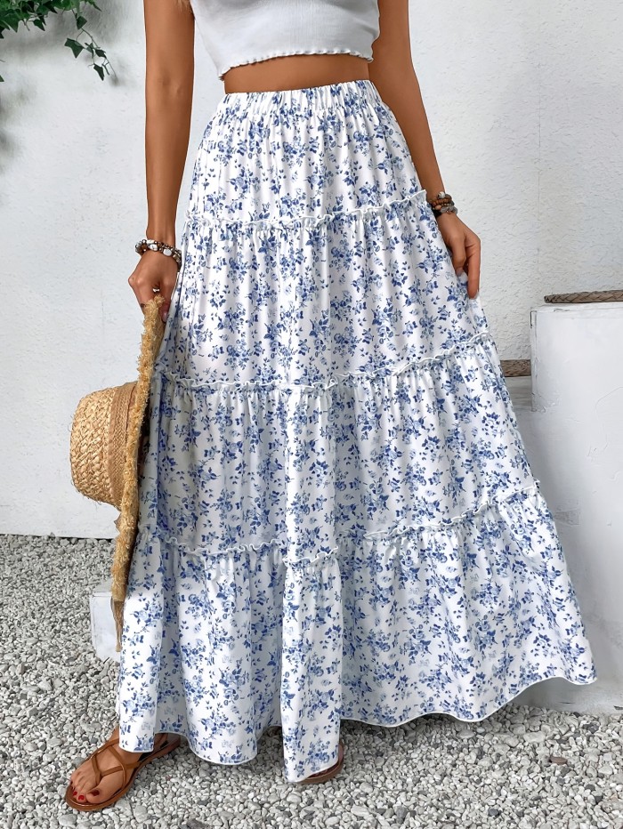 Women's Elegant Floral Print Multi-Tiered Layered Skirt - Loose Fit Long Flowy Maxi with Blue Flowers on White, Machine Washable for Spring Summer Fall Beach Vacation Casual Outfits, Beach Dress