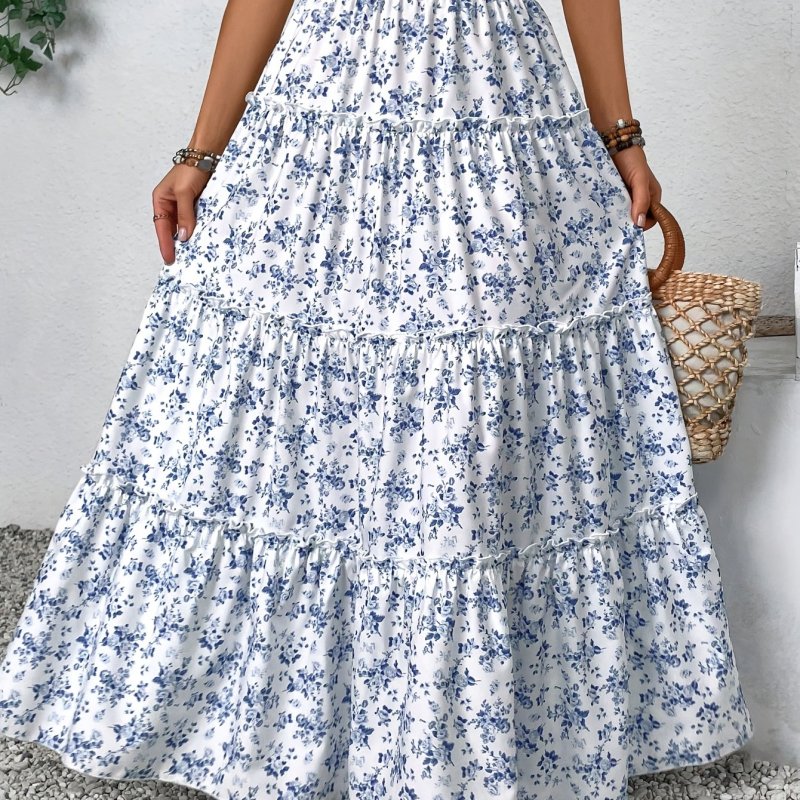 Women's Elegant Floral Print Multi-Tiered Layered Skirt - Loose Fit Long Flowy Maxi with Blue Flowers on White, Machine Washable for Spring Summer Fall Beach Vacation Casual Outfits, Beach Dress