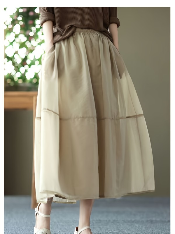 Elegant Beige Organza Midi Skirt with Pockets - Pleated Layered Design, Lightweight & Versatile for Spring\u002FSummer\u002FFall
