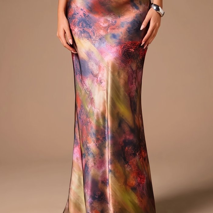 Glamine Women's Elegant Satin A-Line Midi Skirt - Versatile Floral Print Maxi Skirt with Zipper Closure, Machine Washable, Spring Summer Fall Office & Party Wear, Nontransparent Fabric