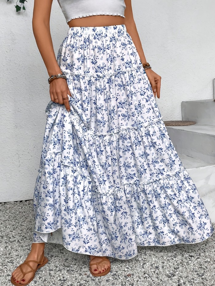 Women's Elegant Floral Print Multi-Tiered Layered Skirt - Loose Fit Long Flowy Maxi with Blue Flowers on White, Machine Washable for Spring Summer Fall Beach Vacation Casual Outfits, Beach Dress