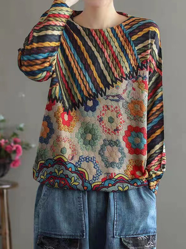 Contrast Color Loose Long Sleeves Round-Neck Sweater Tops Pullovers