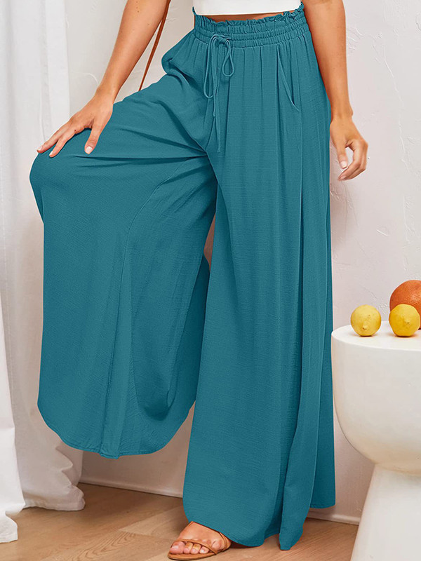 Solid Color Pockets Pleated Elasticity Drawstring Wide Leg Loose Trousers Pants