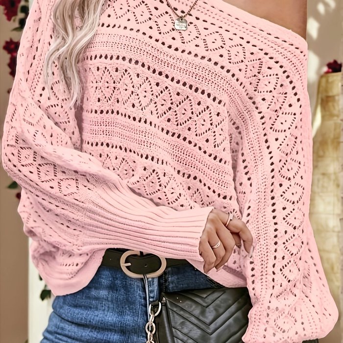 Women'S Casual Asymmetrical Neckline Long Sleeve Round Cut Solid Color Pullover Sweater