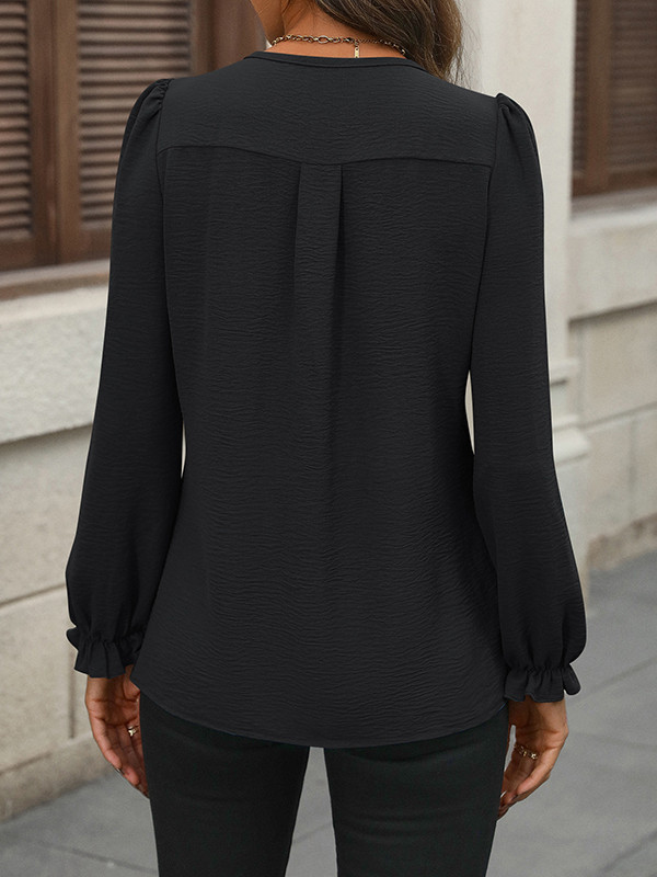 Split-Joint Solid Color Pleated Loose Long Sleeves V-Neck Blouses&Shirts Tops