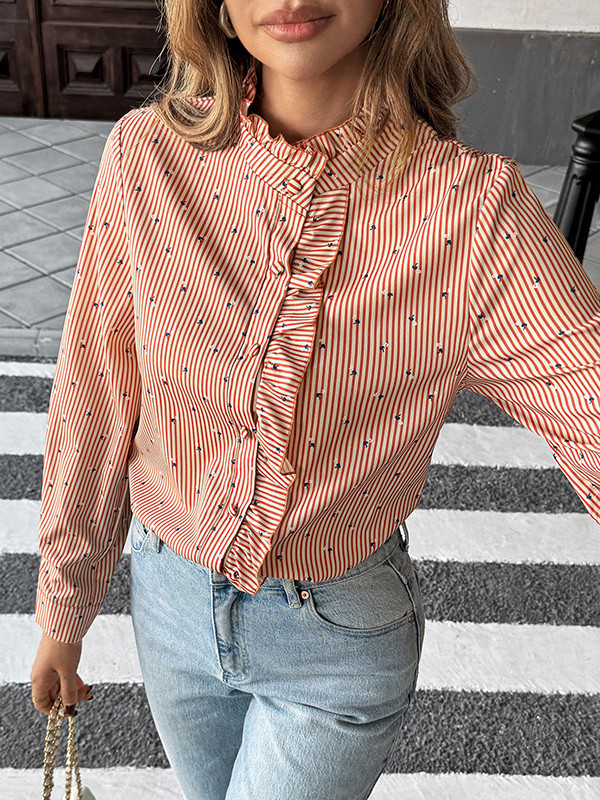 Striped Ruffle Trim Buttoned Loose Long Sleeves Mock Neck Blouses&Shirts Tops
