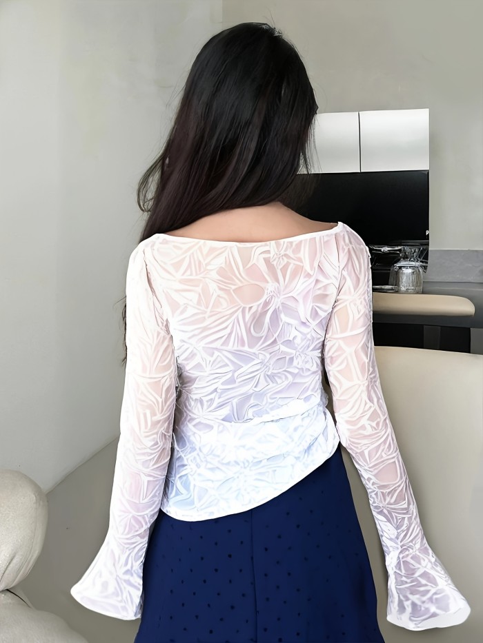Women's Elegant Lace Contrast Long Sleeve Blouse
