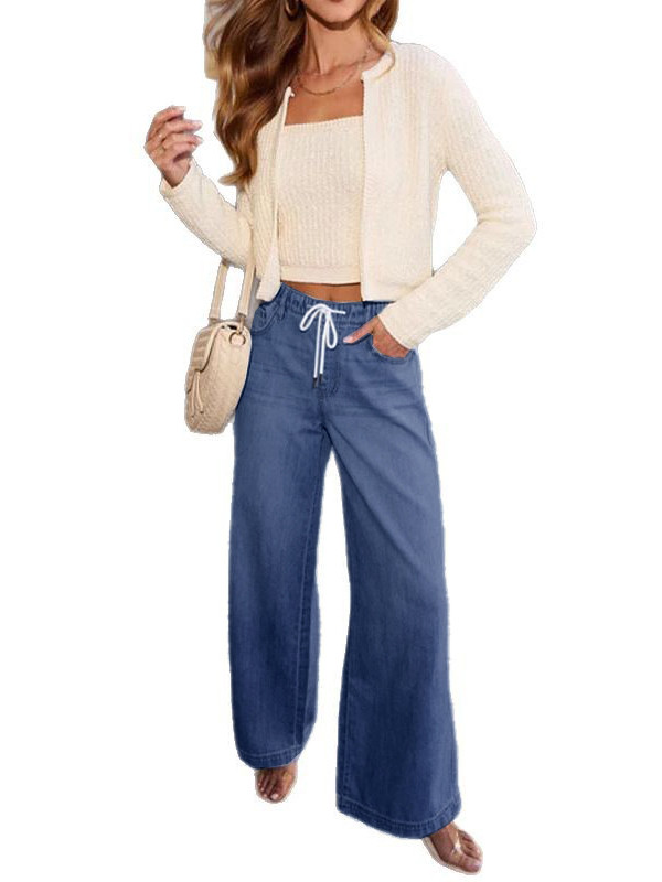 Split-Joint Elasticity Drawstring Loose High Waisted Jean Pants Bottoms