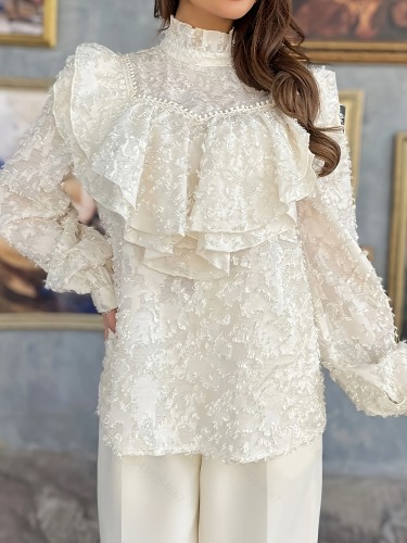 Ruffle Decor Mock Neck Blouse Mock Neck Ruffle Decor Blouse