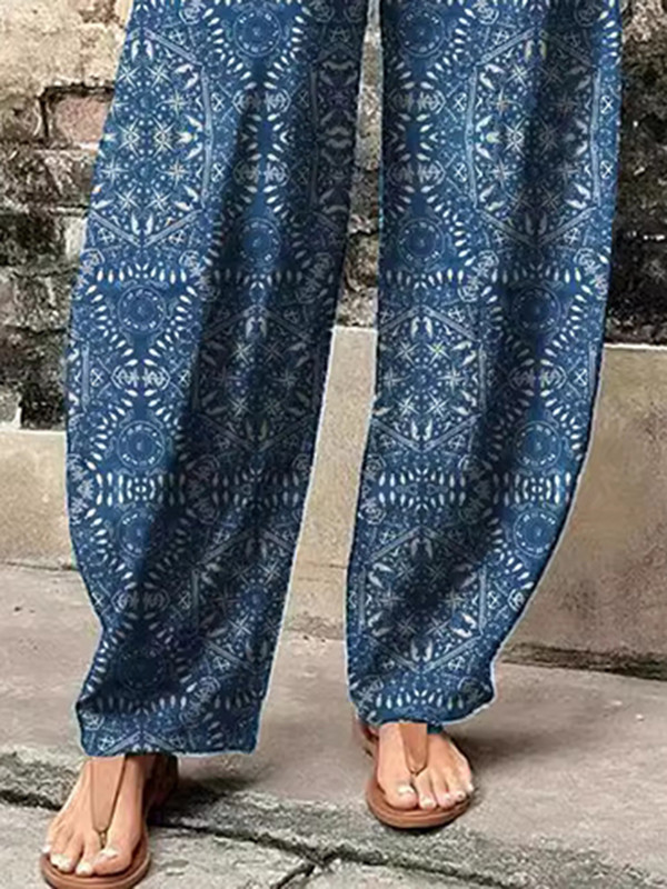 Split-Joint Printed Elasticity Wide Leg Loose Trousers Pants