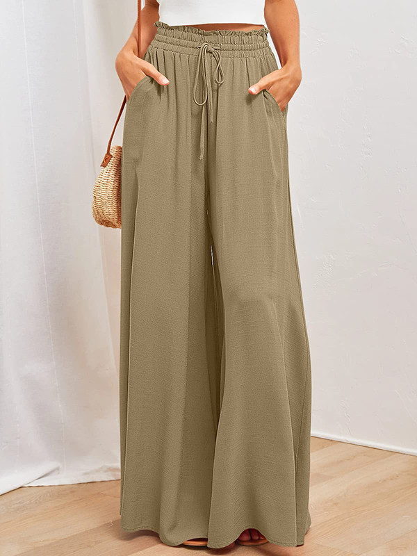 Solid Color Pockets Pleated Elasticity Drawstring Wide Leg Loose Trousers Pants