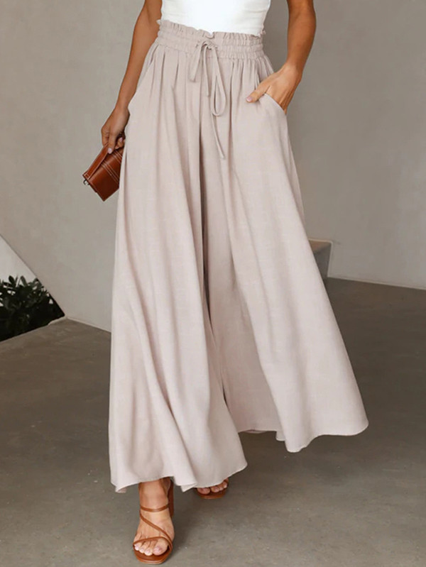 Solid Color Pockets Pleated Elasticity Drawstring Wide Leg Loose Trousers Pants