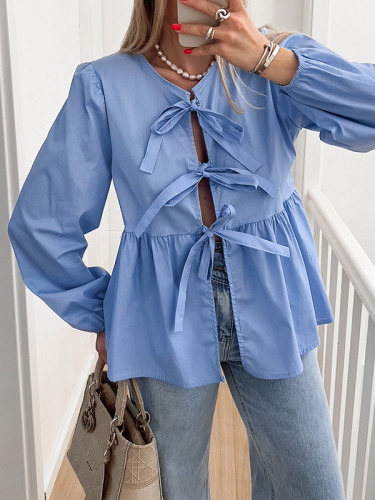 Tied Split-Joint Solid Color Elasticity Puff Sleeves Loose Round-Neck Blouses&Shirts Tops