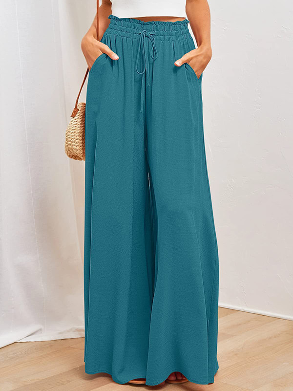 Solid Color Pockets Pleated Elasticity Drawstring Wide Leg Loose Trousers Pants