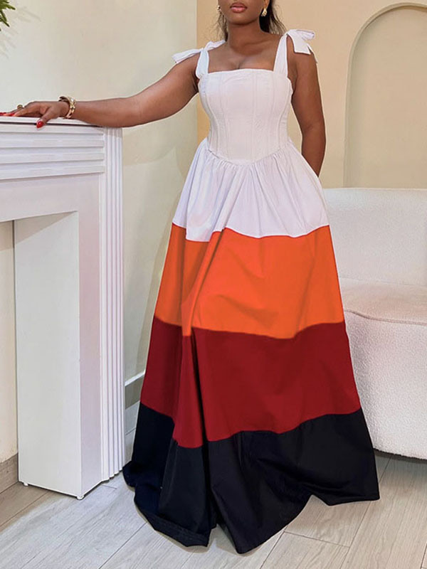 Zipper Tied Pockets Pleated Contrast Color Sleeveless High Waisted Spaghetti-Neck Maxi Dresses