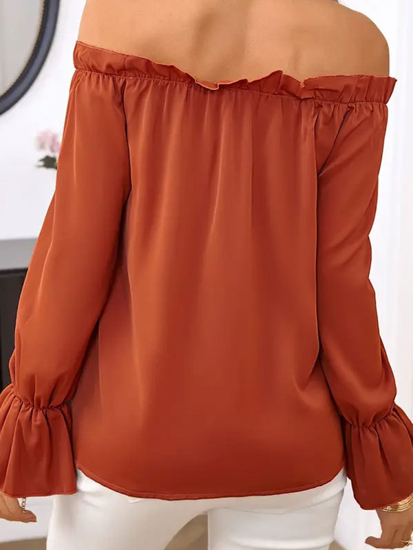 Solid Color Pleated Elasticity Drawstring Loose Long Sleeves Off-the-shoulder Blouses&shirts Tops