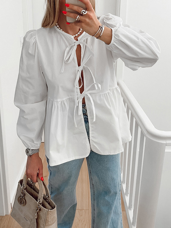 Tied Split-Joint Solid Color Elasticity Puff Sleeves Loose Round-Neck Blouses&Shirts Tops