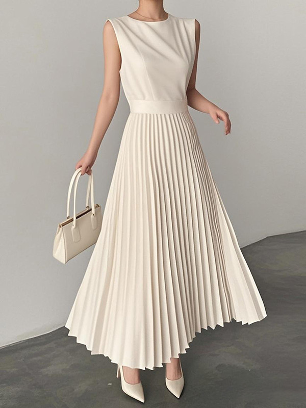 Solid Color Pleated Sleeveless Loose Round-Neck Maxi Dresses