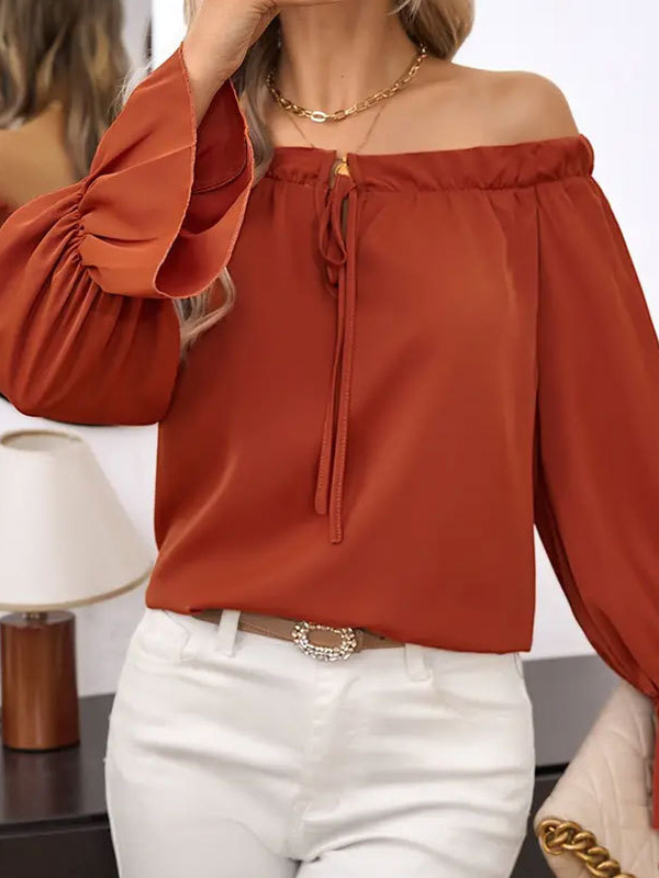 Solid Color Pleated Elasticity Drawstring Loose Long Sleeves Off-the-shoulder Blouses&shirts Tops
