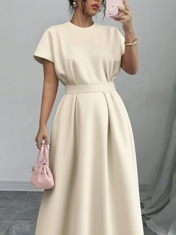 Solid Color Pleated Short Sleeves Loose Round-Neck Maxi Dresses