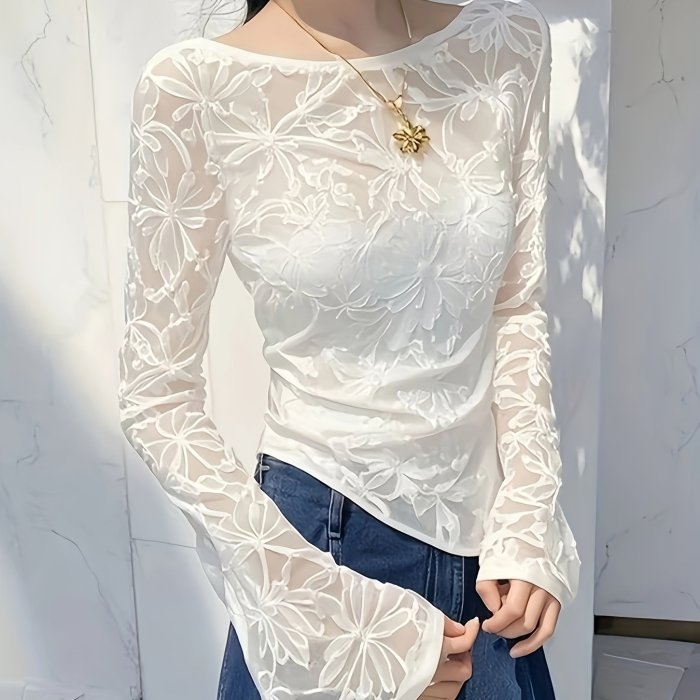 Women's Elegant Lace Contrast Long Sleeve Blouse