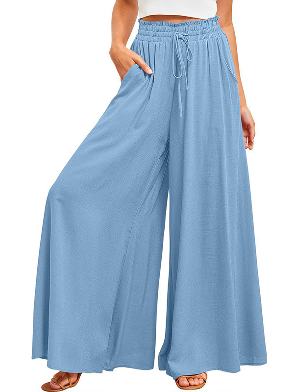 Solid Color Pockets Pleated Elasticity Drawstring Wide Leg Loose Trousers Pants