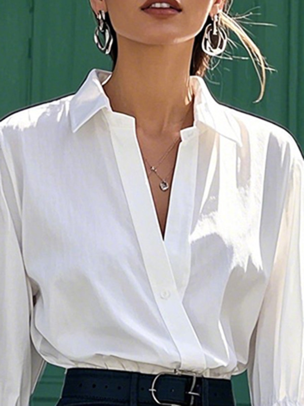 Split-Joint Solid Color Pleated Long Sleeves V-neck Blouses&shirts Tops