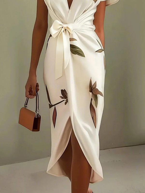 Split-Joint Printed Pleated Asymmetric Raglan Sleeve V-Neck Midi Dresses
