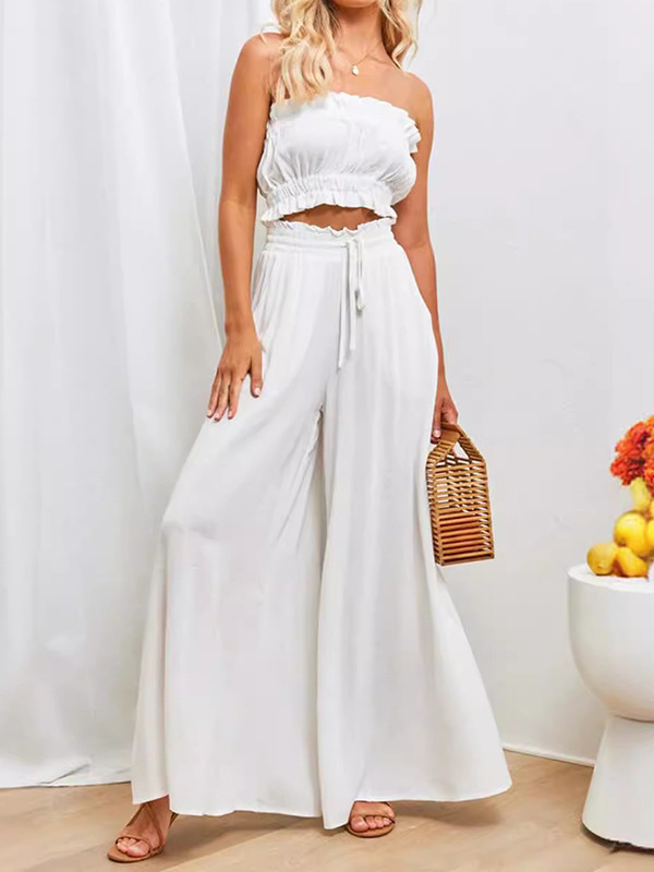 Solid Color Pockets Pleated Elasticity Drawstring Wide Leg Loose Trousers Pants