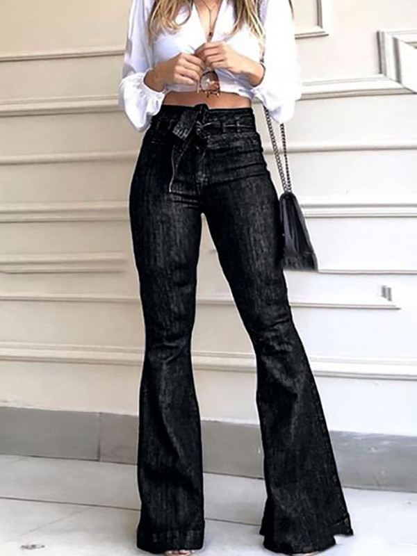 Tied Waist Solid Color Loose High Waisted Jean Pants Bottoms