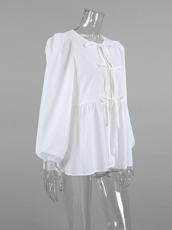 Tied Split-Joint Solid Color Elasticity Puff Sleeves Loose Round-Neck Blouses&Shirts Tops