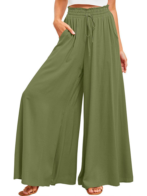 Solid Color Pockets Pleated Elasticity Drawstring Wide Leg Loose Trousers Pants