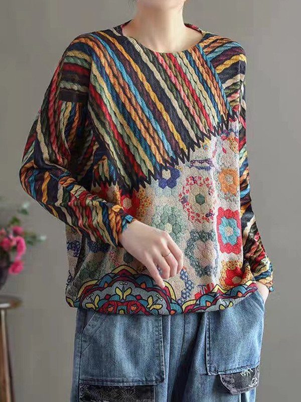 Contrast Color Loose Long Sleeves Round-Neck Sweater Tops Pullovers