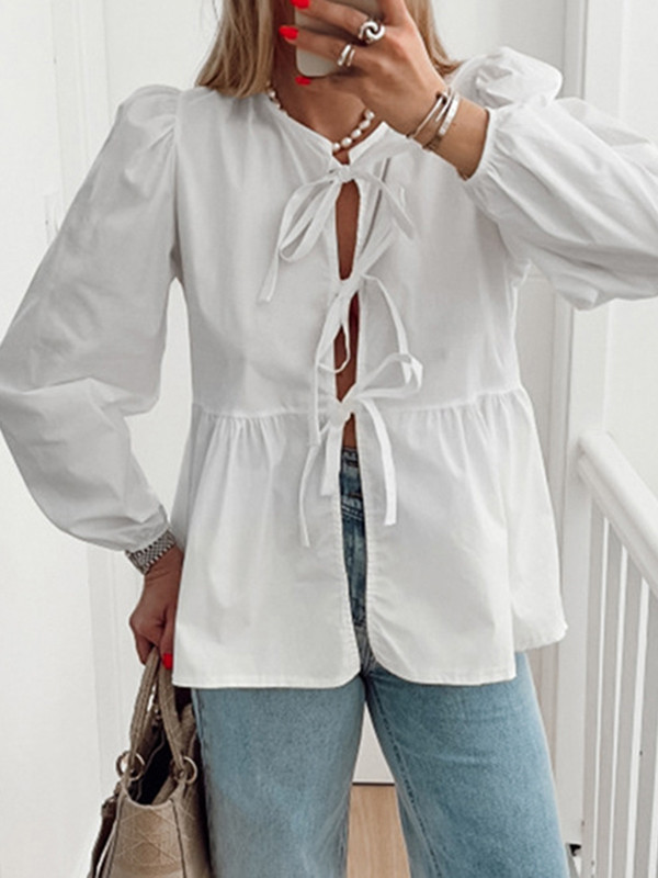Tied Split-Joint Solid Color Elasticity Puff Sleeves Loose Round-Neck Blouses&Shirts Tops