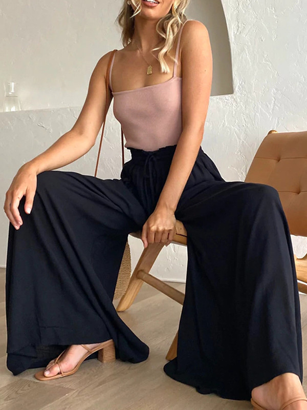 Solid Color Pockets Pleated Elasticity Drawstring Wide Leg Loose Trousers Pants