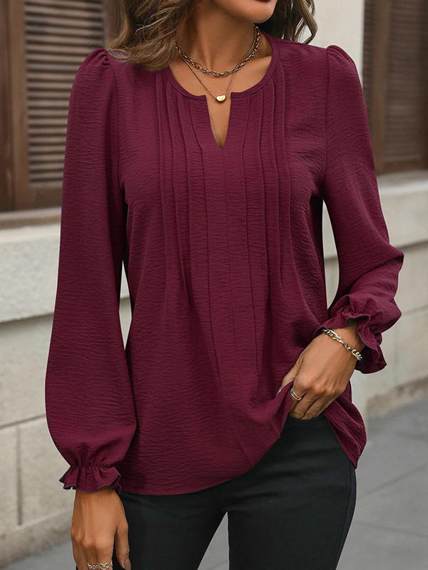 Split-Joint Solid Color Pleated Loose Long Sleeves V-Neck Blouses&Shirts Tops