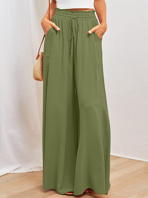 Solid Color Pockets Pleated Elasticity Drawstring Wide Leg Loose Trousers Pants