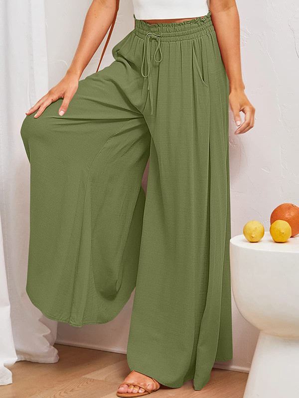 Solid Color Pockets Pleated Elasticity Drawstring Wide Leg Loose Trousers Pants