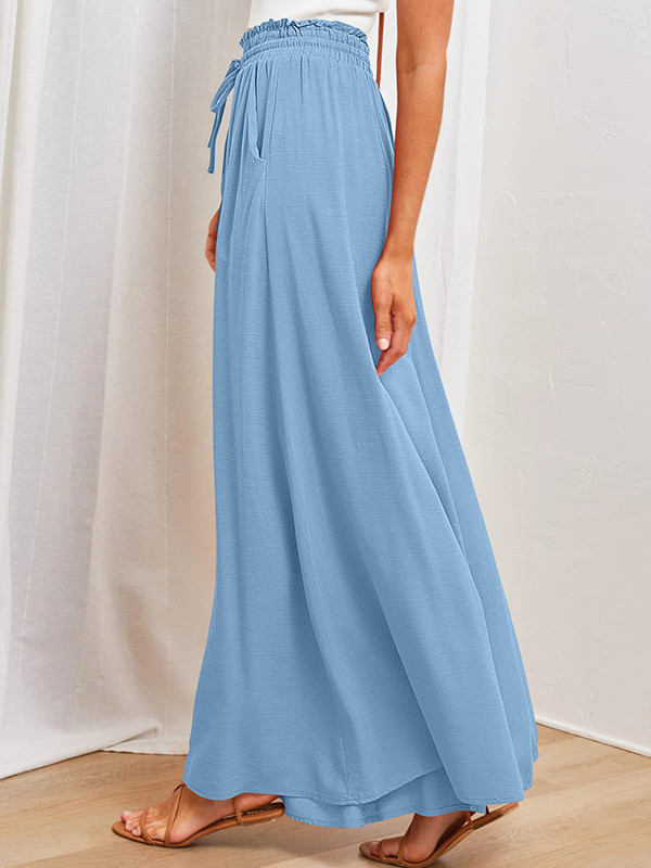 Solid Color Pockets Pleated Elasticity Drawstring Wide Leg Loose Trousers Pants