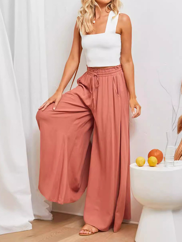 Solid Color Pockets Pleated Elasticity Drawstring Wide Leg Loose Trousers Pants